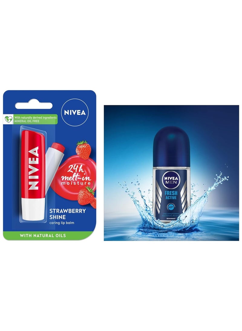 Nivea Fresh Active Roll On For Men, Anti-Perspirant, 50 Ml & Lip Balm, Fruity Strawberry Shine, 4.8G - Image 1